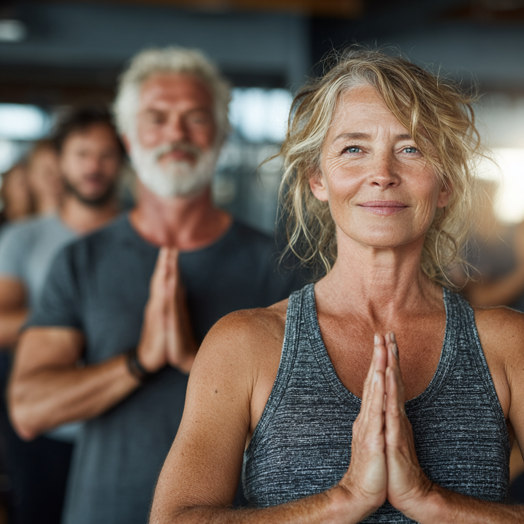Group of mature adults aged 45-55 practicing yoga together in bright studio space with natural lighting