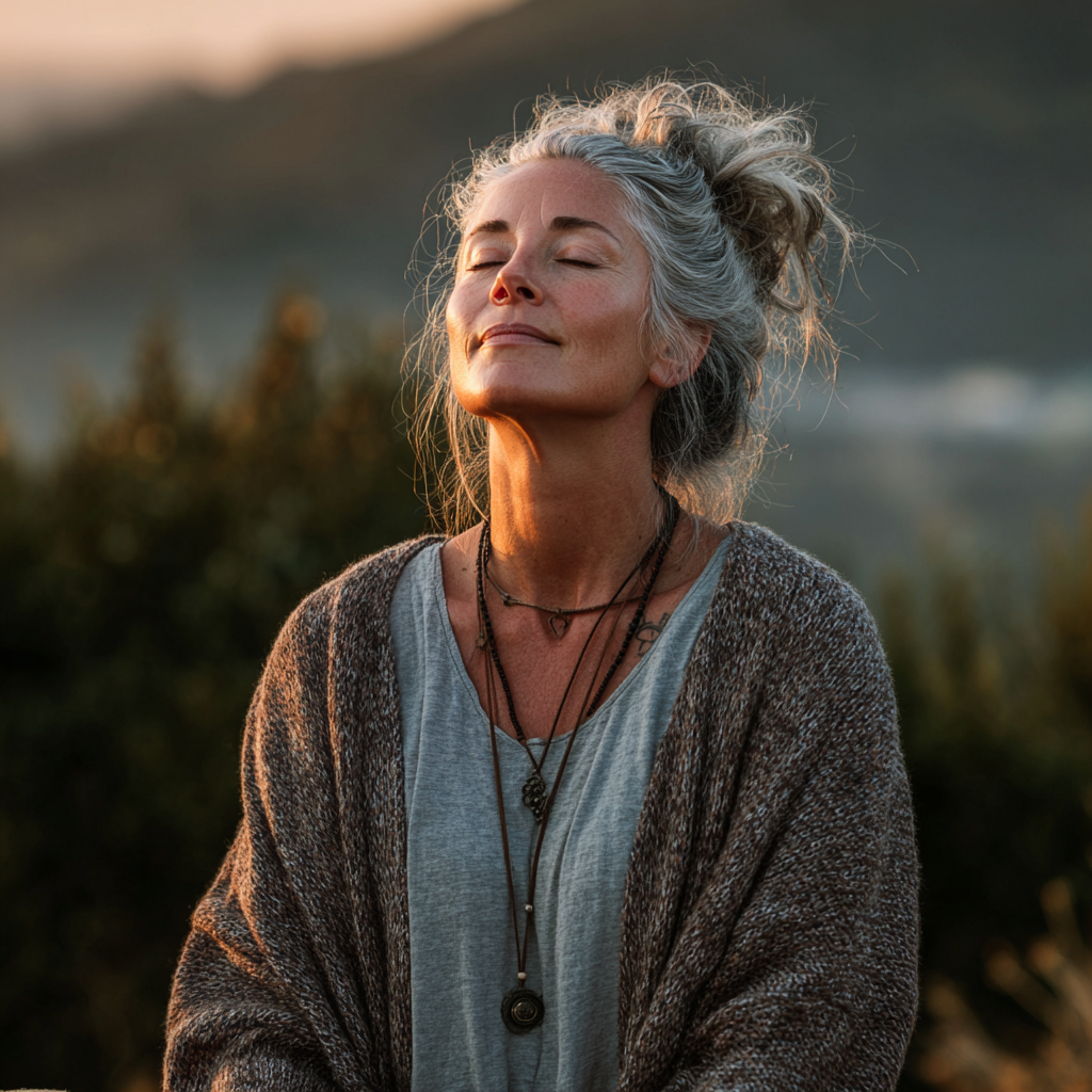 Peaceful middle-aged woman in her 40s practicing yoga meditation pose outdoors in natural setting with serene expression