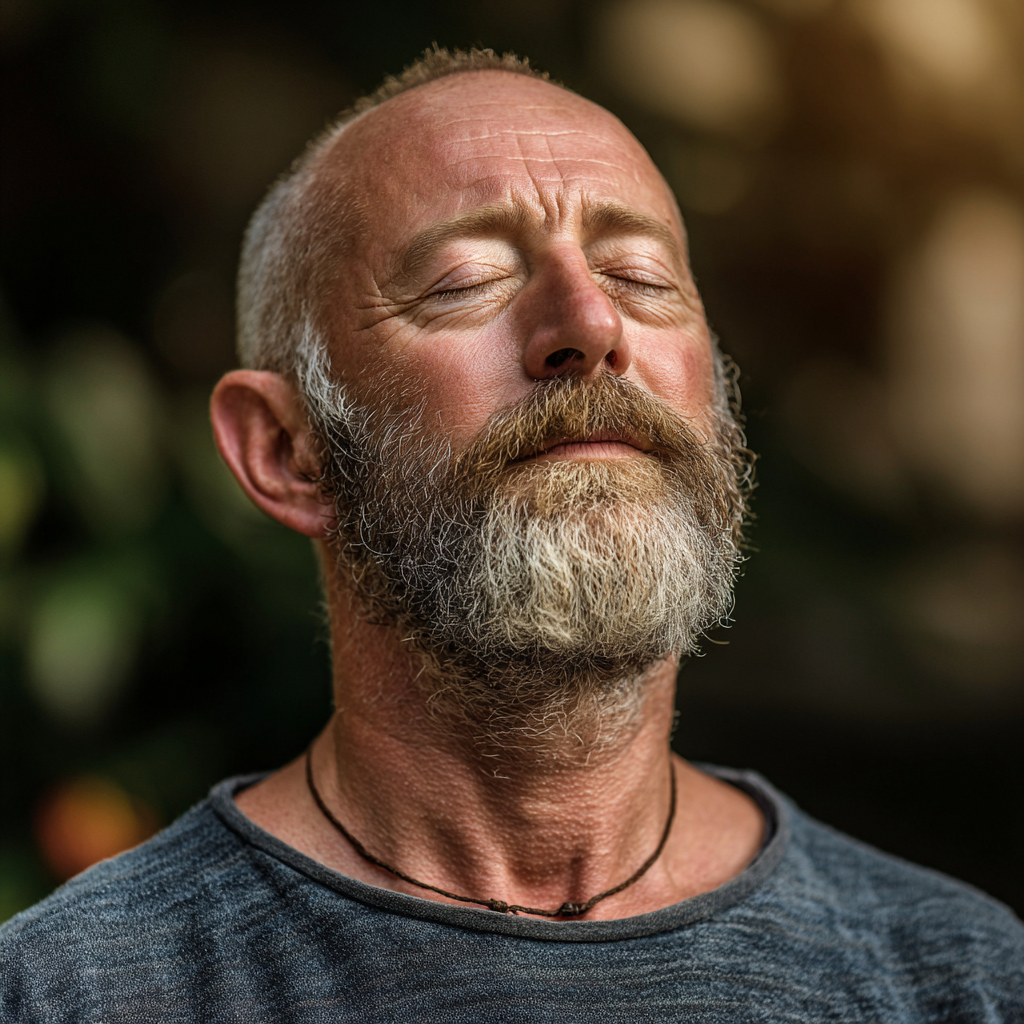 Serene middle-aged man around 50 years old in peaceful yoga pose outdoors with calm facial expression and relaxed posture